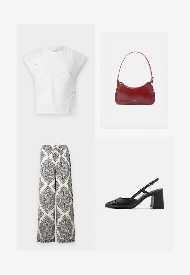 Top blanc à manches courtes avec un design en œillets texturés, des épaules structurées et un col rond. Tissu léger.; Pantalons à jambes larges en crème avec un motif de diamant orné noir. Dotés d'une taille élastique avec un lien décoratif et d'une texture lisse.; Escarpin en cuir verni noir à talon bloc avec un bout pointu et une bride réglable. Texture lisse et design minimaliste.; Petit sac à main brillant rouge foncé avec une seule bandoulière, fermeture éclair argentée et logo « RAID » au centre avant.