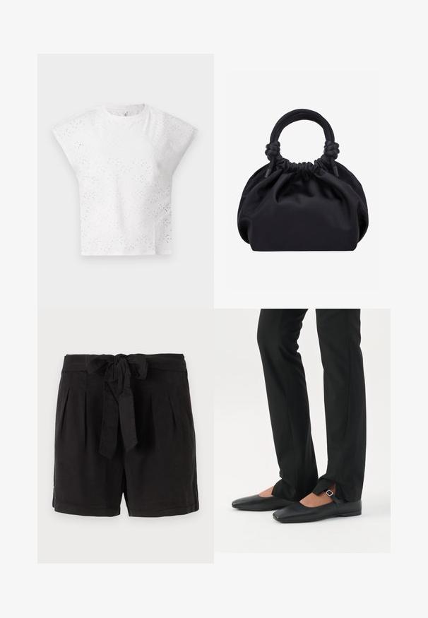 Weißes kurzärmliges Oberteil mit strukturiertem Lochdesign, akzentuierten Schultern und rundem Halsausschnitt. Leichtes Material.; Schwarze Baumwollshorts mit einem Bindegürtel in der Taille, Falten an der Vorderseite und Seitentaschen. Glatte Textur und lässiges Design.; Beine in schwarzen schmalen Hosen mit vorderen Schlitzen am Saum, kombiniert mit schwarzen flachen Mary-Jane-Schuhen mit kleinem Schnallenriemen.; Schwarze weiche Stoffhandtasche mit gerafftem oberen Teil und abgerundeten, am Ansatz verknoteten Griffen, vor einem schlichten hellen Hintergrund.