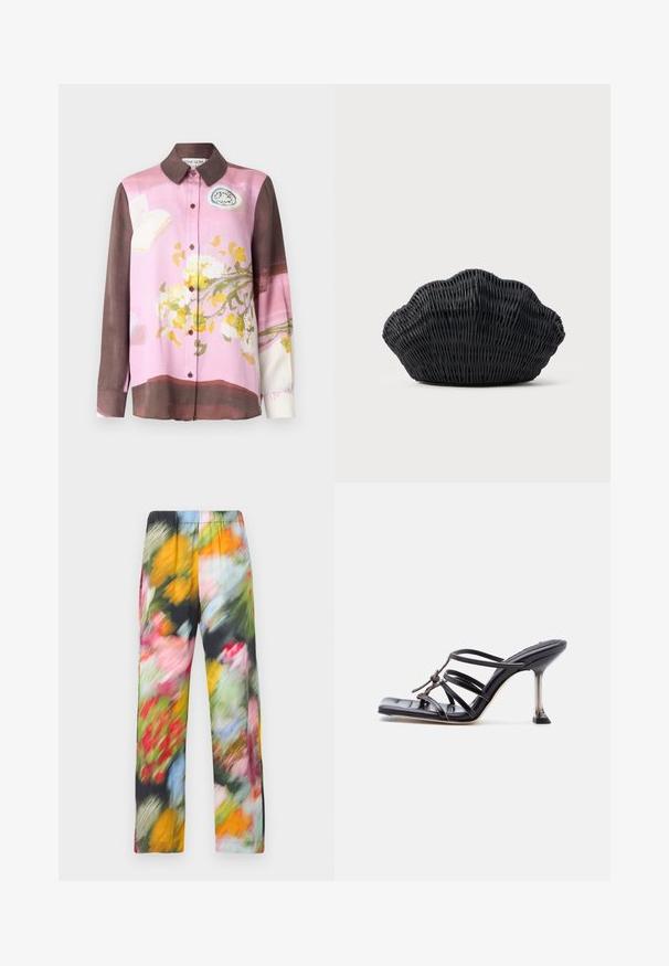 Chemise boutonnée rose et marron, avec un motif floral, manches longues, col et boutons marron. Texture du tissu lisse.; Pantalons légers à motif floral avec une taille élastique, comportant un mélange de couleurs vives incluant le rose, le jaune, le vert et le bleu.; Sandale à talon haut noire avec brides fines, bout carré et talon stiletto mince, présentant des brides qui se croisent et un nœud décoratif sur le dessus.; Sac à main en osier noir en forme de coquille Saint-Jacques avec un dessus courbé et une texture tressée sur un fond uni.
