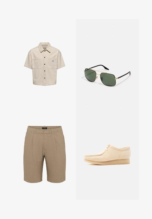 Camisa beige de manga corta con botones, dos bolsillos delanteros y una pequeña etiqueta de marca en el bolsillo izquierdo.; Shorts beige hechos de un tejido texturizado con una superficie arrugada, una cinturilla elástica y dos plisados frontales.; Zapato beige de ante con cordones, suela de crepé, costura tipo mocasín en la punta y tacón cuña bajo, mostrado desde el lado exterior sobre un fondo liso.; Gafas de sol de metal dorado con lentes verdes, forma rectangular, varillas de plástico negro y un diseño de dos tonos. Cuenta con almohadillas en la nariz para mayor comodidad.