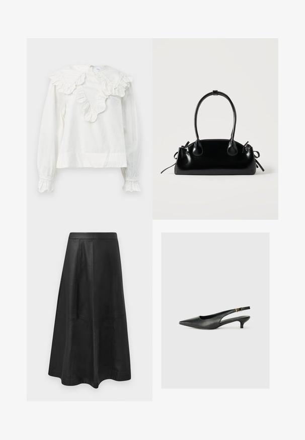 Witte lange mouwen shirt met een grote rimpelnek en rimpelmanchetten, met een V-vormige halslijn en een zachte, gestructureerde stof.; Zwarte leren midi-rok met een uitlopende silhoutte, afgewerkt met stiksel details en een gladde textuur. Geen zichtbare hardware of accenten.; Zwarte puntschoen met slingback van soepel leer. Kenmerkt zich door een dunne hak en een gespdetail op de verstelbare band.; Kleine zwarte glanzende handtas met twee lange hengsels en zijkant trekkoord details op een effen lichte achtergrond.