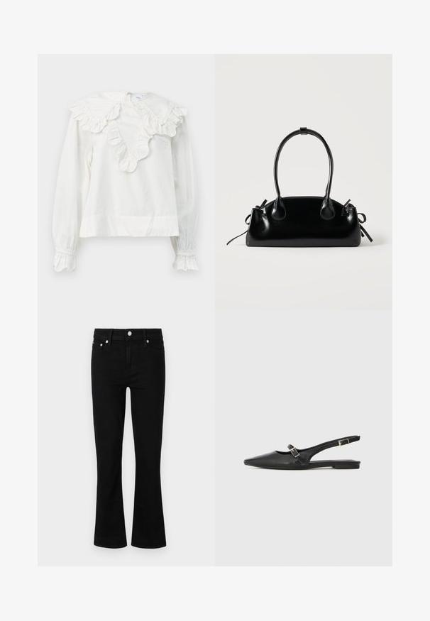Chemise blanche à manches longues avec un grand col froncé et des poignets froncés, présentant un décolleté en V et un tissu doux et texturé.; Jean en denim noir évasés avec une taille ajustée, design à cinq poches et accents en métal argenté, présentant une texture lisse et une longueur standard.; Chaussures slingback en cuir noir avec un bout pointu, comprenant une lanière étroite et un accent de boucle argentée sur le côté. Semelle plate.; Petit sac à main noir brillant avec deux longues anses et des détails à cordon sur les côtés sur un fond clair uni.