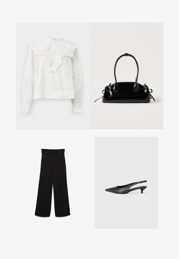Camisa blanca de manga larga con un gran collar volado y puños con volantes, que presenta un escote en forma de V y una tela suave y texturizada.; Pantalones negros de pierna ancha con una pretina alta, que cuentan con dos botones frontales y una textura suave. Corte recto con pliegues en la parte delantera.; Zapato de tacón slingback negro de punta afilada, hecho de cuero suave. Presenta un tacón delgado y un detalle de hebilla en la correa ajustable.; Pequeño bolso negro brillante con dos asas largas y detalles de cordón lateral sobre un fondo claro liso.