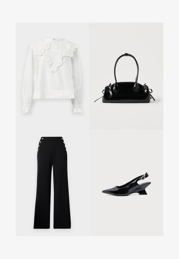 Camisa blanca de manga larga con un gran collar volado y puños con volantes, que presenta un escote en forma de V y una tela suave y texturizada.; Pantalones de pierna ancha de talle alto en negro con botones dorados en la parte delantera y bolsillos en ambas caderas sobre un fondo blanco.; Zapato slingback de cuero charol negro con puntera puntiaguda y tacón bajo en bloque inclinado sobre fondo claro liso.; Pequeño bolso negro brillante con dos asas largas y detalles de cordón lateral sobre un fondo claro liso.