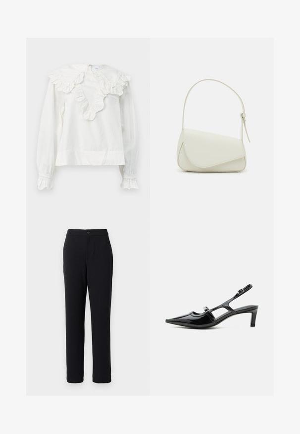 Camisa blanca de manga larga con un gran collar volado y puños con volantes, que presenta un escote en forma de V y una tela suave y texturizada.; Pantalones negros con un diseño de pierna recta, hechos de una tela suave. Cuentan con un cierre de botón en la parte delantera y bolsillos laterales.; Zapato slingback de charol negro con punta puntiaguda, tacón bajo y dos correas ajustables con hebillas, mostrado de perfil lateral.; Bolso de mano de imitación cuero blanco con una forma triangular estructurada, correa ajustable única y cierre con solapa acentuada en curva.