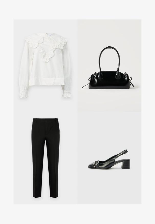Weißes Langarmshirt mit großem Rüschenkragen und Rüschensäumen, mit einem V-ausschnitt und einem weichen, strukturierten Stoff.; Schwarze Hose in Slim-Fit, mit flacher Vorderseite, seitlichen Taschen und glatter Textur. Entworfen mit einer mittelhohen Taille und zulaufenden Beinen.; Schwarze Leder-Slingback-Pumps mit spitzem Vorderteil, strukturiertem Riemen mit runden metallischen Akzenten und gestapeltem Blockabsatz.; Kleine schwarze glänzende Handtasche mit zwei langen Griffen und seitlichen Kordelzug-Details vor einfachem hellem Hintergrund.