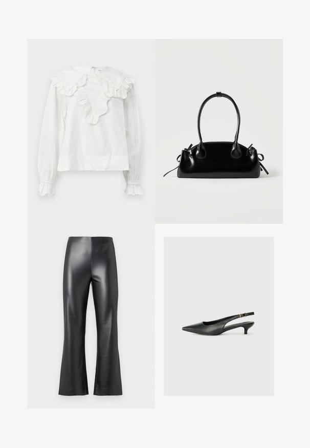Chemise blanche à manches longues avec un grand col froncé et des poignets froncés, présentant un décolleté en V et un tissu doux et texturé.; Pantalon en simili cuir noir avec une coupe évasée, présentant une texture lisse et brillante ainsi qu'une taille haute. Apparence simple et élégante.; Chaussure slingback noire à bout pointu en cuir lisse. Présente un talon fin et un détail de boucle sur la sangle réglable.; Petit sac à main noir brillant avec deux longues anses et des détails à cordon sur les côtés sur un fond clair uni.