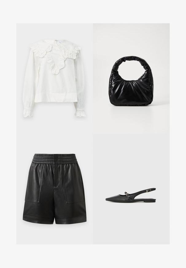 Witte lange mouwen shirt met een grote rimpelnek en rimpelmanchetten, met een V-vormige halslijn en een zachte, gestructureerde stof.; Zwarte neplederen shorts met elastische tailleband, voorste drukknoop, grote voorzakken en rechte zoom.; Zwarte leren slingback schoenen met een spitse neus, voorzien van een smalle band en een zilveren gesp aan de zijkant. Platte zool.; Zwarte gevoerde handtas met een ronde handgreep, met een gladde, glanzende oppervlakte en een zachte, gewatteerde textuur. Geen zichtbare metalen onderdelen of accenten.