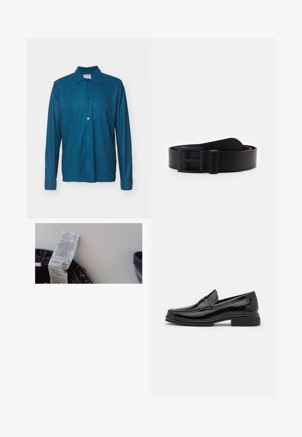 Teal langærmet skjorte med en knap-ombre krave, ribbet tekstur, frontknaplukning og manchetter. Glat stoffinish, ingen mønstre.; Vaskeanvisning på et stykke tøj, der viser tekstilindhold. Baggrunden har en mørk mønstret kant og indeholder vaskeanvisninger på flere sprog.; Sorte læder loafers med en rund tå, der har en syet detalje over vristen og en lav blokhæl. Glat tekstur og blank finish.; Sort læderbælte med en rektangulær metalspænde. Spændet har en mat finish og inkluderer en rektangulær logo-plade.