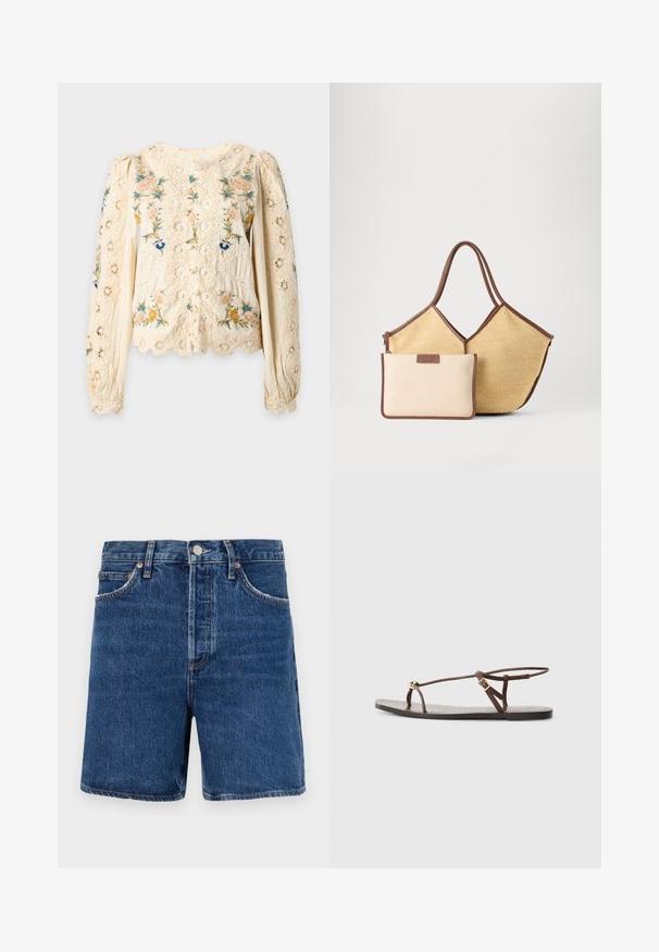 Cremefarbene Spitzenbluse mit langen Puffärmeln und aufwändiger mehrfarbiger Blumenstickerei vorne und an den Ärmeln.; Dunkelblaue Denim-Shorts im klassischen Schnitt, ausgestattet mit fünf Taschen, einem Knopfverschluss und kontrastierenden orangen Nähten.; Braune Leder-Sandale mit dünnen Riemen, einem goldenen, runden Akzent und einer flachen Sohle. Minimalistisches Design mit einem verstellbaren Schnallen-Detail.; Beige gewebte Tragetasche mit braunen Besätzen und Griffen, begleitet von einem kleineren beigen Beutel mit braunen Kanten und Reißverschluss.