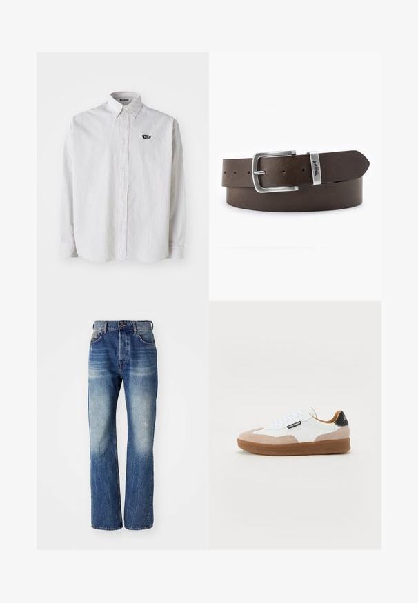Hvid langærmet skjorte med tynde grå lodrette striber. Har en button-down krave og et lille sort logo på venstre bryst.; Blå denim jeans med lige ben-design, der har lys falmning og let whiskering fortil. Standard fem-lomme stil.; Hvide og beige ruskinds sneakers med en brun gummi sål, flade snørebånd og en sort hæl-accent. Har logo detaljer på siden.; Brunt læderbælte med spænde i sølvmetal, der har en rektangulær form og flere justeringshuller til størrelse.