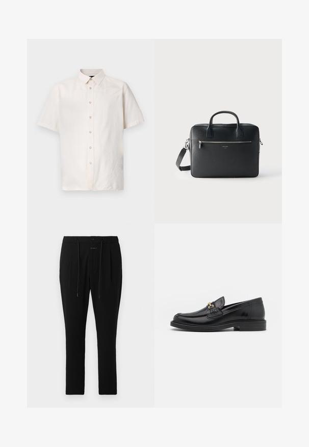 Korte mouw shirt in lichtbeige stof, met een knoopsluiting aan de voorkant, een bescheiden kraag en eenvoudige stikdetails langs de zijkanten.; CLOSED VIGO TAPERED - Chino - dark night; Zwarte leren instappers met een ronde neus, voorzien van een gouden hardware accent en stikdetails, geplaatst op een lage, getextureerde rubberen zool.; Zwarte rechthoekige leren aktetas met dubbele handvatten, voorvak met rits en afneembare schouderriem tegen een effen lichte achtergrond.