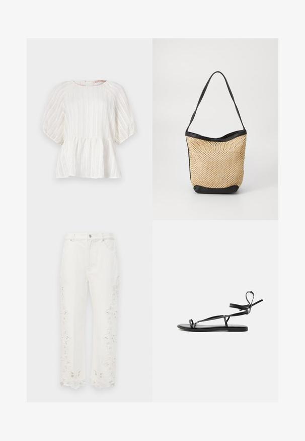 Blusa blanca con rayas verticales, mangas cortas abullonadas, cuello redondo y dobladillo peplum fruncido. Fabricada en un tejido ligero y texturizado.; Pantalones blancos cortos con detalles de corte floral a lo largo de los dobladillos. Hechos de una tela texturizada, cuentan con cinco bolsillos y un cierre de botón en la parte delantera.; Sandalia plana negra con tiras finas y diseño que envuelve el tobillo sobre un fondo liso y claro.; Bolso de mano de paja trenzada con textura natural, acentuado por un ribete y asa de hombro de cuero sintético negro; diseño de apertura en la parte superior.
