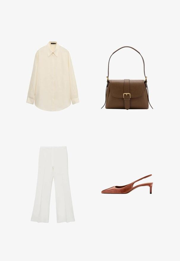 Camisa de manga larga color crema con botones, cuello puntiagudo y tapeta oculta, extendida sobre un fondo blanco.; Pantalones acampanados blancos con una textura suave y líneas limpias, con una cinturilla de altura media y sin hardware o patrones visibles.; Zapato slingback de cuero marrón con punta puntiaguda, tacón bajo tipo kitten y una tira fina alrededor del talón sobre un fondo blanco.; Bolso de hombro de cuero marrón con solapa frontal y hebilla dorada, con una correa ajustable con herrajes dorados sobre fondo blanco.