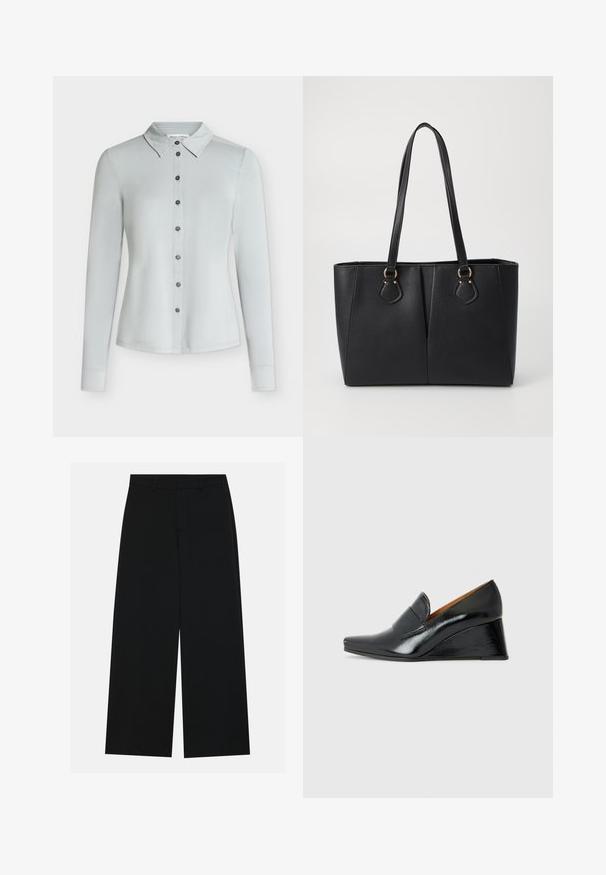 Chemise gris clair à manches longues, boutonnée, avec col, sept boutons foncés sur le devant et ourlet droit.; Pantalons noirs à jambe large en tissu lisse. Dotés d'une taille plate avec passants de ceinture et sans poches visibles. Design simple.; Chie Mihara VECINO - Escarpins compensés - black; Sac fourre-tout noir en simili cuir avec une finition texturée, deux longues poignées et des accents en métal doré sur le côté. Shape rectangulaire.