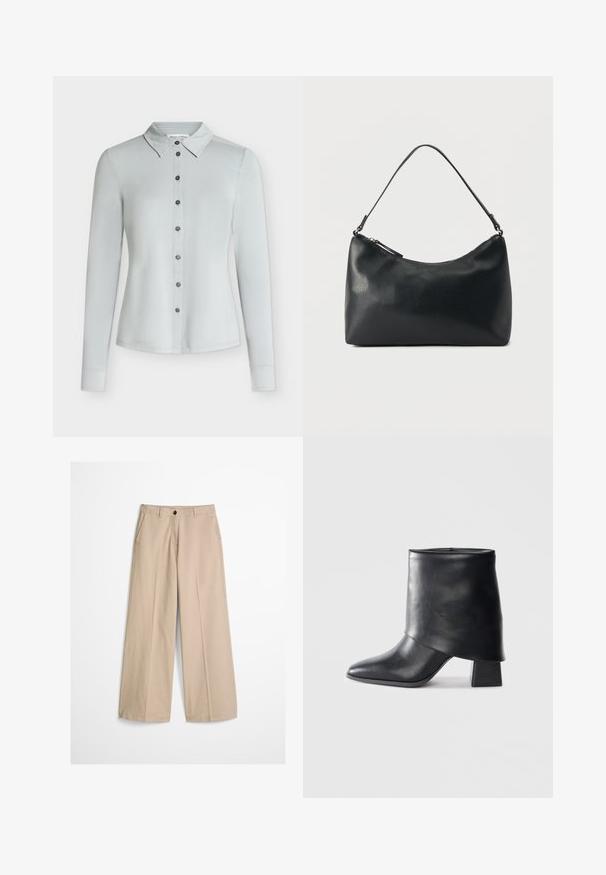 Chemise gris clair à manches longues, boutonnée, avec col, sept boutons foncés sur le devant et ourlet droit.; Pantalon beige à jambes larges avec pli frontal, passants pour ceinture, fermeture par bouton et une petite étiquette en tissu sur le côté droit de la ceinture.; Bottine en cuir noir à bout pointu, texture lisse et talon bloc structuré. Elle se distingue par un design de revers haut et plié.; Sac bandoulière en cuir noir texturé avec fermeture éclair incurvée en haut et une seule sangle ajustable sur fond uni.