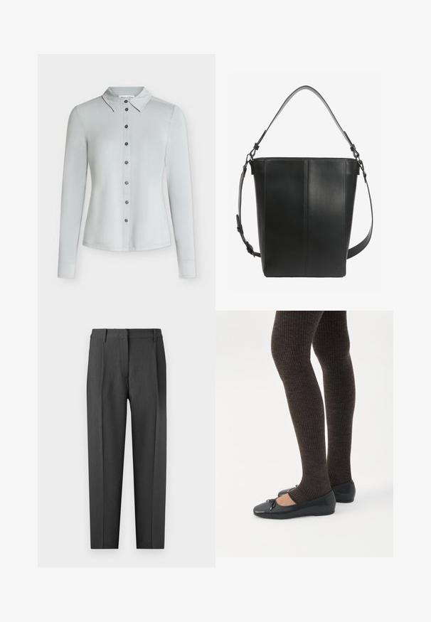 Chemise gris clair à manches longues, boutonnée, avec col, sept boutons foncés sur le devant et ourlet droit.; Pantalons ajustés gris charbon, avec une taille plate, des poches latérales et une coupe droite, présentant une texture lisse.; Jambes portant des leggings côtelés foncés associés à des ballerines noires avec de petits détails en nœud sur fond blanc.; Sac seau en cuir noir avec deux bretelles réglables et des détails de couture minimalistes sur un fond uni.