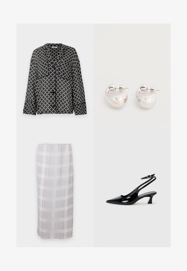 Chemise à motif noir et blanc avec col, poches avant et boutons. Présente un design géométrique à trames croisées sur un tissu léger.; Jupe longue et transparente en blanc avec un motif à carreaux gris. Tissu doux et léger avec une taille élastique, se terminant à la longueur de la cheville.; Escarpins à brides arrière en cuir verni noir, à bout pointu, avec un petit talon carré et une sangle de cheville ajustable dotée d'une boucle dorée.; Paire de boucles d'oreilles argentées brillantes et épaisses avec fermoirs à tige, sur fond blanc uni.