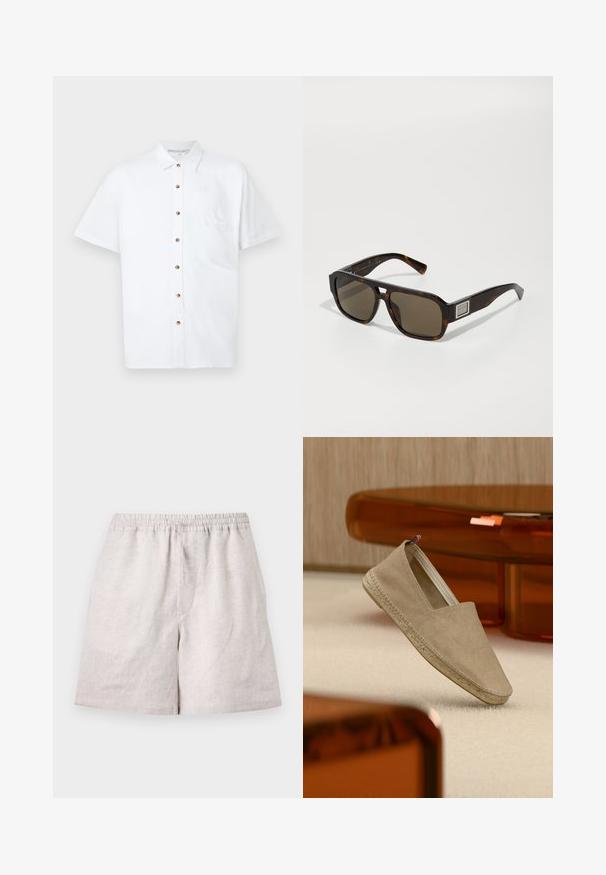 Chemise blanche à manches courtes en lin, dotée d'une fermeture à boutons sur le devant, d'une poche poitrine et de boutons en bois pour les accents.; Shorts en lin beige clair avec taille élastique et cordon, longueur au genou, disposés à plat sur fond blanc.; Espadrille en toile beige avec semelle tressée et petite languette tricolore sur le talon, posée sur un tapis clair avec un mobilier teinté d'ambre en arrière-plan.; Lunettes de soleil en écaille de tortue avec une monture carrée, des verres teintés marron et un accent métallique sur le côté. Matériau en plastique lisse.