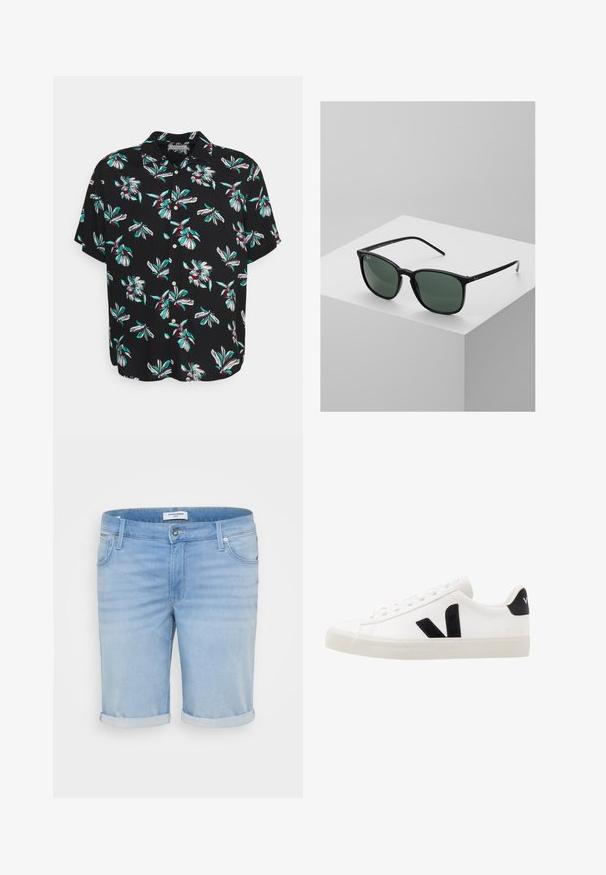 Kortærmet sort skjorte med et blomstermotiv af hvide og grønne tropiske blomster, knaplukning og en afslappet pasform.; Lysblå denimshorts med en let falmet finish, opfoldede bukseben, fem-lommer design og en metalknaplukning.; Hvide lædersneakers med sorte ruskindsdetaljer; har en gummisål, rund tå og klassisk snørebåndsdesign. Side logo i sort.; Sorte rektangulære solbriller med mørkegrønne linser, udstyret med en let plastisk stel og sølvdetaljer på stængerne.