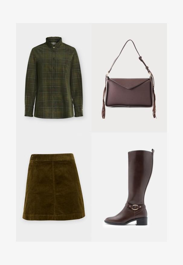 Chemise à manches longues à carreaux verts avec col montant volanté et poignets, fermeture boutonnée devant avec boutons foncés, et lignes discrètes jaunes et rouges.; Jupe mini en velours côtelé marron avec des côtes verticales, coupe droite et ourlet net. Présente une taille simple sans embellissements.; Botte en cuir marron à hauteur de genou avec un bout rond, détail de sangle à boucle et un petit talon carré. Texture lisse et design minimaliste.; Sac à bandoulière rectangulaire marron foncé avec rabat enveloppe et bandoulière réglable, avec de longs pompons de chaque côté.