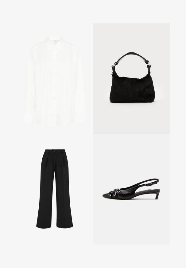 Camisa blanca de manga larga con botones al frente, cuello clásico y corte regular. Hecha de tela suave, cuenta con ocho botones en la parte delantera.; Pantalones negros de talle alto y pierna ancha con pinzas delanteras, trabillas para cinturón y cierre con botón en la cintura.; Zapato slingback de cuero negro con punta puntiaguda, tres hebillas plateadas en la parte delantera y tacón bajo tipo «kitten» sobre fondo blanco.; Bolso de mano de piel sintética negra con una textura suave, forma redondeada y una resistente correa de cuero negro para el hombro. Acentos de herrajes plateados visibles.
