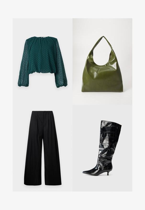 Blouse transparente vert foncé avec un motif en zigzag, longues manches bouffantes et encolure et ourlet froncés.; Pantalons larges noirs à taille haute, dotés de plis verticaux et d'une fermeture à bouton. Texture lisse, design minimaliste.; Bottes noires montantes en matériau croûte embouti brillant, avec un bout pointu et un petit talon kitten. Texture lisse avec des plis doux.; Sac hobo en cuir vert au design décontracté, avec une poignée incurvée et une texture lisse. Ne contient aucun matériel ou accent visible.