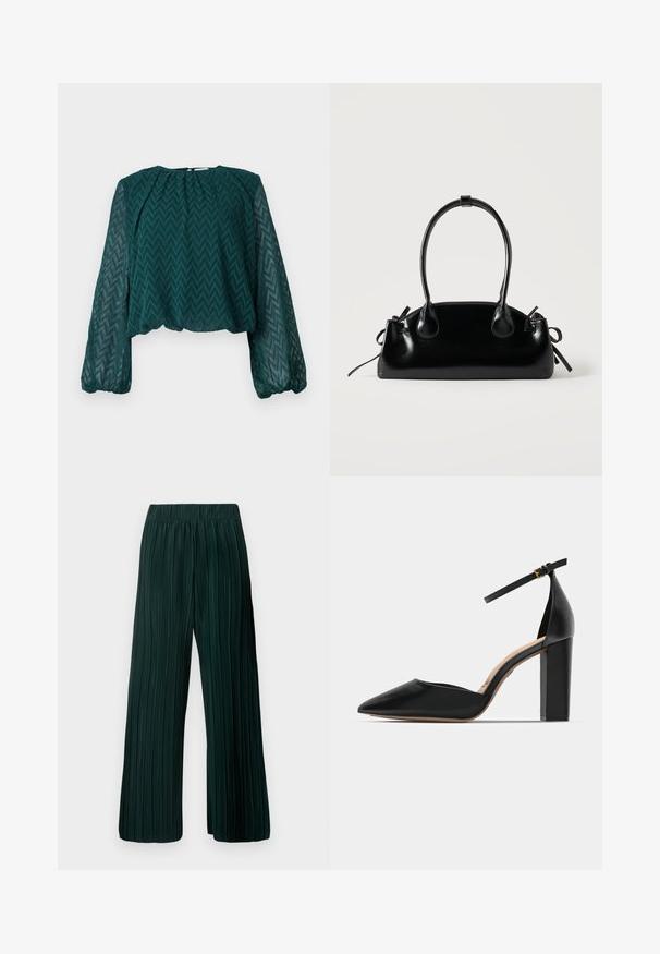 Blouse transparente vert foncé avec un motif en zigzag, longues manches bouffantes et encolure et ourlet froncés.; Pantalons larges plissés en vert foncé. Fabriqués dans un tissu doux avec un design texturé et une taille élastique pour le confort.; Chaussure à talons hauts en cuir noir avec une bride de cheville, bout pointu et un talon carré épais. Texture lisse avec un design minimaliste.; Petit sac à main noir brillant avec deux longues anses et des détails à cordon sur les côtés sur un fond clair uni.