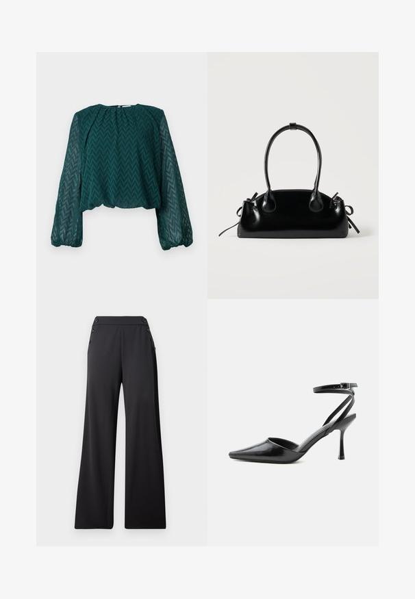 Blouse transparente vert foncé avec un motif en zigzag, longues manches bouffantes et encolure et ourlet froncés.; Pantalon large noir à taille haute avec des boutons décoratifs sur les côtés, présenté à plat sur un fond uni.; Escarpin noir à bout pointu avec fines brides de cheville et fermeture à boucle argentée sur fond clair uni.; Petit sac à main noir brillant avec deux longues anses et des détails à cordon sur les côtés sur un fond clair uni.