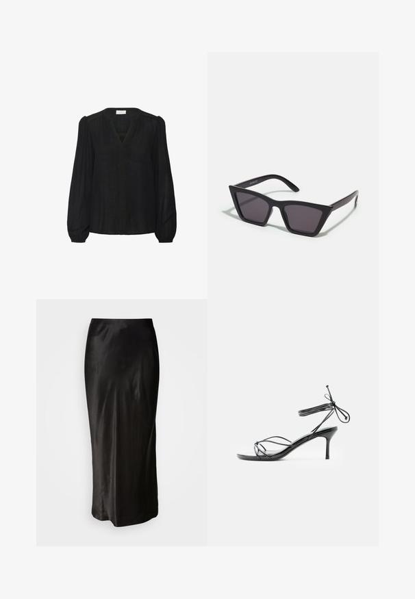 Zwarte blouse met lange mouwen van lichtgewicht stof, met een V-hals en gestructureerde bies in het midden aan de voorkant. Puffmouwen zorgen voor volume.; Zwarte satijnen rok met een gladde textuur. Vloerlange uitvoering met een strakke taille en een lichte flare aan de zoom. Geen zichtbare patronen of hardware.; Zwarte hoge hak sandaal met dunne enkelbandjes en een slanke hak van gemiddelde hoogte, afgebeeld tegen een witte achtergrond.; Zwarte, hoekige zonnebril met grijze lenzen; gemaakt van plastic, met dikke armen met een gladde oppervlakte en zonder zichtbare hardware.