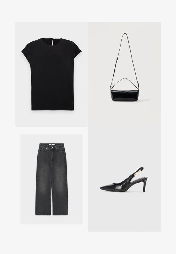 Sort kortærmet top med rund halsudskæring og huldetalje bagpå. Glat stof med afslappet pasform og lige facon.; Sorte jeans med vide ben i denim med en falmet finish, der har lukning med knap og lynlås, fem-lomme-design og kontrasterende syninger.; Sort læder slingback højhælede sko med spidse tæer, glat overflade og en smal ankelrem med guldfarvede hardware detaljer.; Sort rektangulær læder crossbody-taske med justerbar skulderrem, top lynlås og lille gyldent Calvin Klein-logo foran.