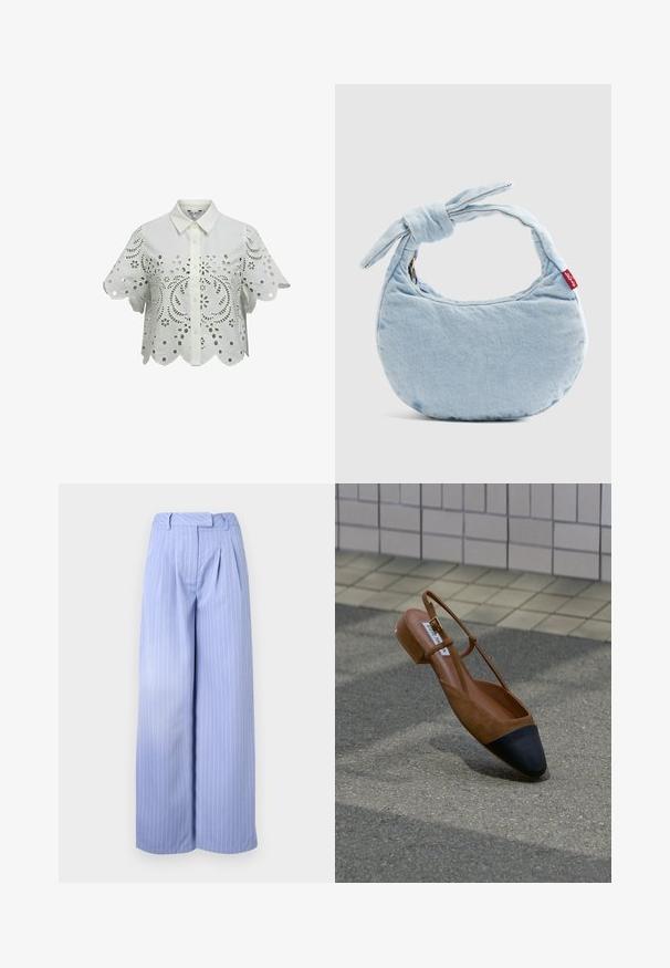 Witte blouse met korte mouwen en knoopsluiting, geperforeerde bloemenpatronen en geschulpte randen aan mouwen en zoom.; Lichtblauwe wijde broek met een streepjespatroon, geplooide voorkant en een hoge taille. Gemaakt van een gladde stof met een zachte textuur.; Bruine platte slingback-schoen met zwarte puntige neus en gouden gesp, zwevend boven een gestructureerd bestratingsvlak nabij een betegelde muur.; Lichtblauwe denim schoudertas met een knoopdetail aan het handvat en een klein rood Levi's-label aan de zijkant.