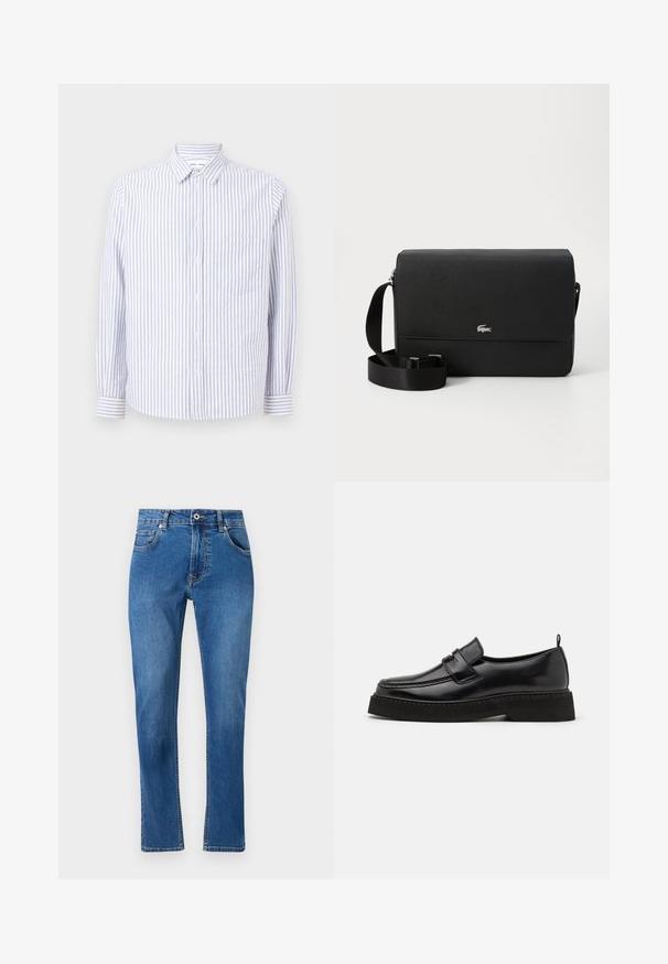 Camisa de botones a rayas en azul claro y blanco. Con cuello de punta, mangas largas y un bolsillo en el pecho. Tejido de algodón.; Jeans de mezclilla azul con diseño de pierna recta, cinco bolsillos y detalles de costura visibles. El material muestra un ligero desvanecimiento. Estilo clásico.; Zapatos estilo mocasín de cuero negro con suela plana y texturizada, con puntera cosida y una correa a lo largo del empeine.; Bolso cruzado de cuero negro con una textura suave, tapa frontal, acento con logo plateado y correa de tela ajustable.