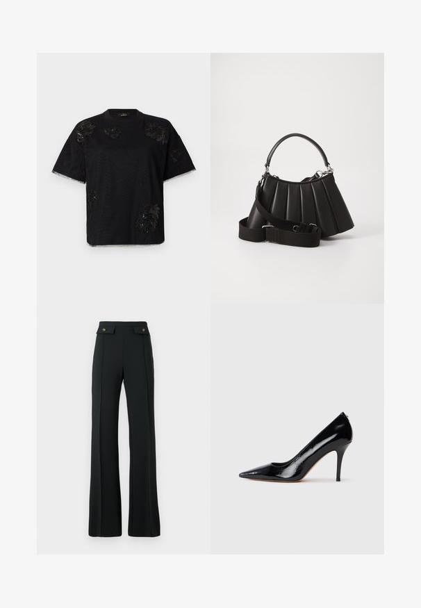 Camiseta negra de manga corta con adornos texturizados, con escote redondo y dobladillo sin acabados en las mangas, confeccionada en un tejido suave.; Pantalones de tiro alto de campana negros con detalles de costura frontal y dos bolsillos con tapeta y botones dorados en la cintura.; Zapato de salón de charol negro con tacón alto y punta afilada, con textura suave y tacón de aguja delgado. Sin herrajes visibles.; Bolso de mano negro con pliegues, manejo redondeado, correa ajustable y textura brillante. Presenta herrajes plateados y una silueta estructurada.