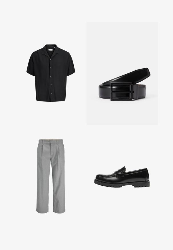 Chemise noire à manches courtes avec des boutons visibles blancs et un col style camp, présentée sur un fond blanc.; Pantalons gris clair en tissu texturé, dotés de plis à l'avant, de jambes droites et d'une taille standard pour la fermeture.; Mocassin en cuir noir avec une semelle en caoutchouc épaisse et un détail classique de bride à monnaie, vu de côté extérieur.; Ceinture en cuir noir avec une finition lisse, dotée d'une boucle en métal noir carré. La ceinture présente des coutures discrètes et un design classique.