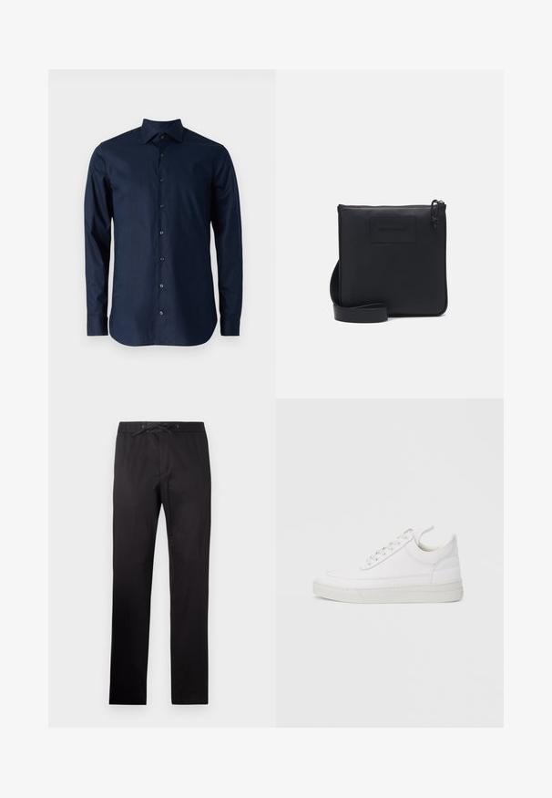 Marineblaues Langarmhemd aus Baumwolle mit Knopfverschluss, spitzem Kragen und schwarzen Knöpfen auf der Vorderseite.; Schwarze Hose mit elastischem Bund und Kordelzug. Sie zeichnet sich durch eine glatte Textur und ein gerades Bein Design aus. Minimalistischer Stil ohne Muster.; Weißer Ledersneaker mit abgerundetem Zehenbereich, flacher Sohle und Schnürverschluss. Verfügt über Nahtdetails und einen gepolsterten Kragen für zusätzlichen Komfort.; Schwarze Leder-Umhängetasche mit strukturiertem Finish, rechteckiger Form, Reißverschluss und verstellbarem Träger. Mit subtiler Markenlogo auf der Vorderseite.