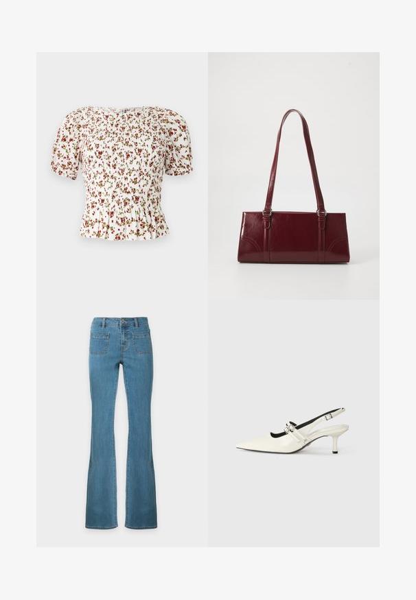 Hvid kortærmet peplumtop med rød og grøn blomstret mønster og rynket krop, vist på en neutral baggrund.; Blå denim flared jeans med forlommer, bæltestropper, knap og lynlås, vist fladt mod en hvid baggrund.; Spidse slingback sko i blank hvid læder med to justerbare spænder og en 6 cm stiletto hæl.; Bordeaux håndtaske lavet af glansfuldt materiale, rektangulær form, med to skulderremme og subtile buede detaljer på forsiden.