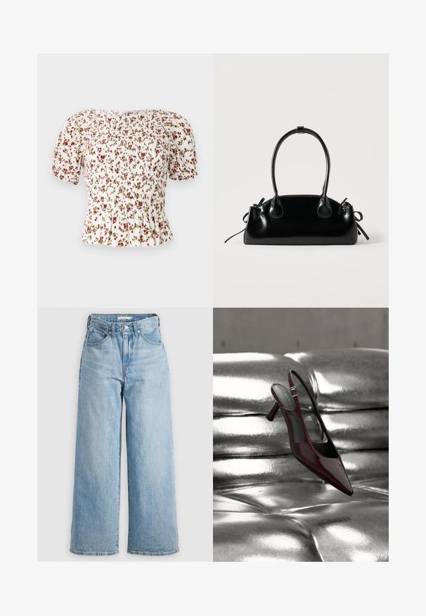 Top blanc à manches courtes avec volant, motif floral rouge et vert et corsage froncé, présenté sur un fond neutre.; Jeans larges bleu clair à taille haute, fabriqués en denim. Ils possèdent un design classique à cinq poches et des accessoires en métal.; Escarpin slingback à talon haut, rouge foncé brillant avec bout pointu, présenté sur une surface en cuir argenté capitonné et brillant.; Petit sac à main noir brillant avec deux longues anses et des détails à cordon sur les côtés sur un fond clair uni.