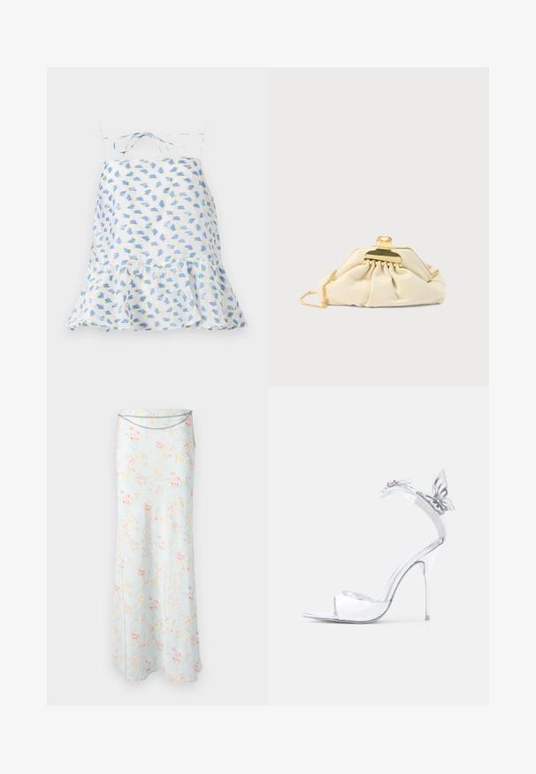 Weißes ärmelloses Kleid mit floralem Druck in Blau und Grün. Mit einem rüschengesäumten Saum und verstellbaren Trägern. Leichter Stoff, zarte Textur.; Rabanne Maxirock - pink/blue/green/yellow; Silberne High-Heel-Sandale mit Knöchelriemen und dekorativem Schmetterlingsdetail an der Seite.; Cremefarbene Clutch aus weichem Material mit einem goldfarbenen Verschluss und einer Kettenriemen, mit gerafftem Design am Körper.
