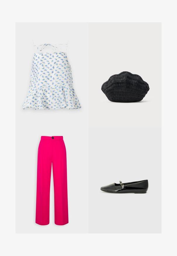 Hvid ærmeløs kjole med blomsterprint i blå og grøn. Har en volangkant og justerbare stropper. Let vævning, delikat tekstur.; Fuchsia brede bukser med høj talje, frontfald og en enkelt sort knaplukning. Glat tekstur og skræddersyet design.; Sorte patentlæder ballerinaer med spids tå, ankelrem med en gylden spænde og minimalistisk design. Flad sål og skinnende overflade.; Sort flet håndtaske formet som en muslingeskal med en buet top og flettet tekstur på en ensfarvet baggrund.