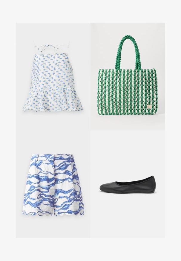 Hvid ærmeløs kjole med blomsterprint i blå og grøn. Har en volangkant og justerbare stropper. Let vævning, delikat tekstur.; Hvide shorts med blåt bølgemønster, bølgede kanter, letvægtsstof, plisseret front og en afslappet pasform. Velegnet til afslappet brug.; Sort læderballetsko med rund tå, glat tekstur, minimal syning og et fleksibelt såldesign.; Grøn og hvid vævet tote taske med en struktureret rektangulær form, tekstureret overflade og to robuste håndtag. Har en logotag på siden.