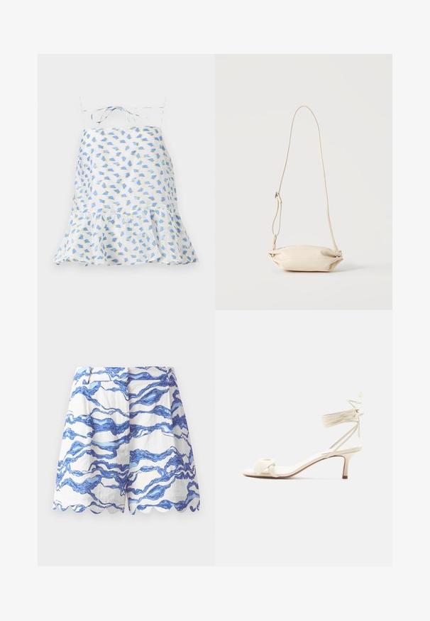 Robe blanche sans manches avec imprimé floral en bleu et vert. Présente un ourlet volanté et des bretelles réglables. Tissu léger, texture délicate.; Shorts blancs avec un motif de vagues bleues, ourlet en forme de coquille, tissu léger, devant plissé et coupe décontractée. Idéal pour une tenue décontractée.; Sandale à talon bas de couleur crème avec des liens à nouer autour de la cheville et une large bride torsadée sur les orteils, sur un fond blanc uni.; Petit sac bandoulière en cuir beige avec sangle ajustable, présenté sur un fond clair uni.