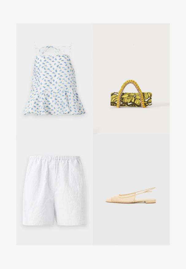Hvid ærmeløs kjole med blomsterprint i blå og grøn. Har en volangkant og justerbare stropper. Let vævning, delikat tekstur.; Hvide shorts med elastisk talje, fremstillet i et tekstureret stof med en afslappet pasform. Enkel design, ingen mønstre eller udsmykninger.; Slingback fladsko i lys beige med en mesh-overdel, spids tå og en lav hæl. Har en justerbar strop for bedre pasform.; Rektangulær taske med gult og sort blomsterprint og flettet gul og pink hank på hvid baggrund.