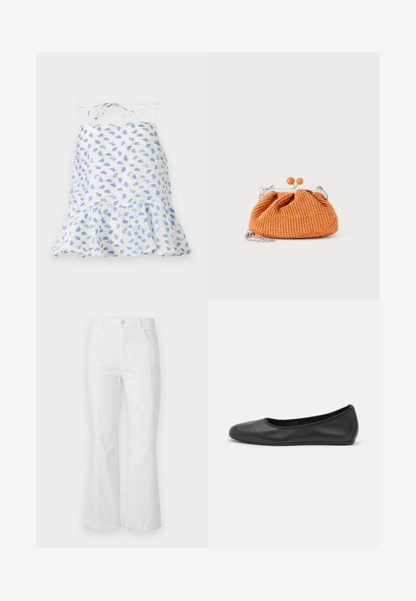 Hvid ærmeløs kjole med blomsterprint i blå og grøn. Har en volangkant og justerbare stropper. Let vævning, delikat tekstur.; Hvide flare jeans med høj talje, forlommer og rå kant. Lavet af denim med en glat tekstur og minimal syninger.; Sort læderballetsko med rund tå, glat tekstur, minimal syning og et fleksibelt såldesign.; Lille orange flettet clutch-pung med sølvmetalramme, rund lukning og en sølvkæde-rem på en hvid baggrund.