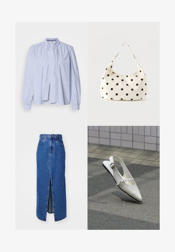 Lys blå og hvid stribet bluse med puffede ærmer, en bindekrave og knapmanchetter, lavet af et blødt stof med en glat tekstur.; Denim maxi nederdel i mellemblå med slids foran, høj talje og klassisk fem-lomme design. Har kontrastsyning og lynlåsåbning.; Hvid spids slingback flad sko med to sølvspænder, vist udendørs på tekstureret underlag og flisebelagt væg baggrund.; Håndtaske i cremefarvet stof med sorte polkaprikker og en enkelt skulderrem, vist mod en ensfarvet hvid baggrund.