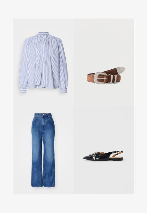 Lichtblauw en wit gestreept blouse met opstaande mouwen, een strikcol en knoopmanchetten, gemaakt van een zachte stof met een gladde textuur.; Blauwe denim wijde broek met verticale witte strepen, hoge taille en vijf-pocket ontwerp, voorzien van een knoop- en ritsluiting.; Zwarte leren slingback schoen met spitse neus, versierd met zilveren hardware en bladdetails. Platte zool met gestreepte interieuraccenten.; Bruine leren riem opgerold met een grote zilveren gesp en metalen uiteinde, geplaatst tegen een witte achtergrond.