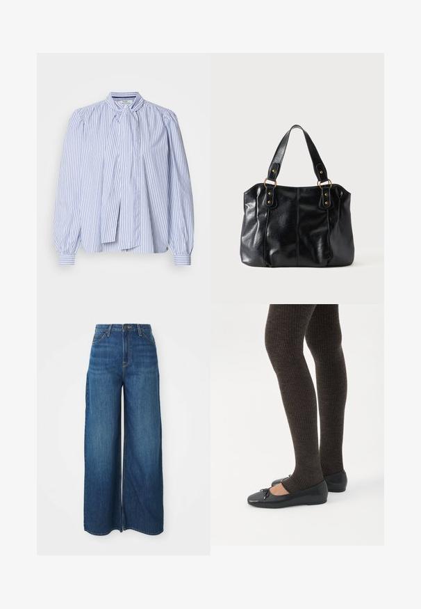 Lichtblauw en wit gestreept blouse met opstaande mouwen, een strikcol en knoopmanchetten, gemaakt van een zachte stof met een gladde textuur.; Hoge taille wijde blauwe denim jeans met voorkruiken, riemlussen, knoopsluiting en zichtbare stiksels op een witte achtergrond.; Benen met donkere geribbelde leggings gecombineerd met zwarte ballerina's met kleine strikdetails op een witte achtergrond.; Zwarte leren schoudertas met dubbele bandjes bevestigd met gouden ringen en klinknagels, glad en licht glanzend oppervlak, eenvoudig ontwerp.