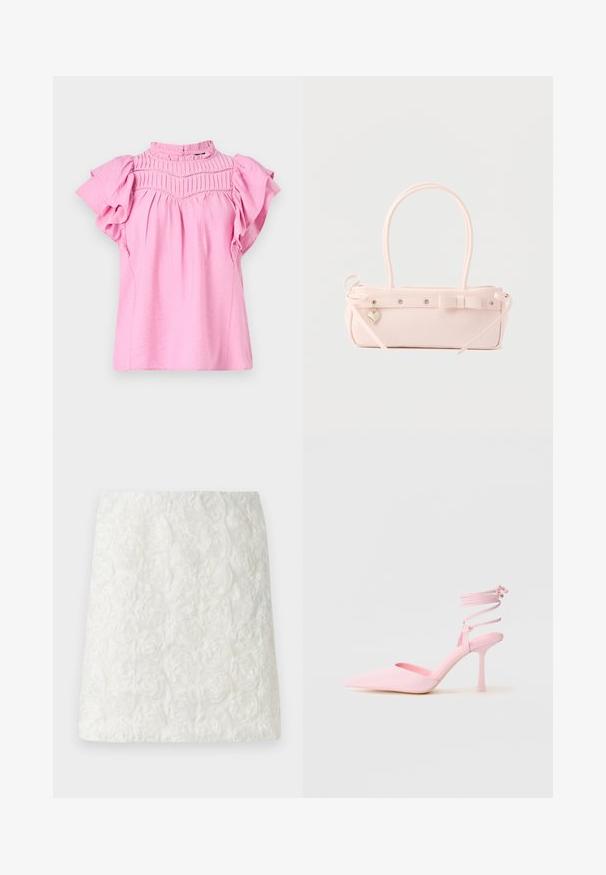 Roze blouse met korte rimpel mouwen, geplooide details bij de buste en een hoge hals. Lichtgewicht, gestructureerde stof met een zachte afwerking.; Witte mini-jurk met een gestructureerd oppervlak en verhoogde bloemmotieven die op rozen lijken, gemaakt van lichtgewicht stof.; Roze hoge hakken met een puntige neus, satijnen afwerking en enkelsluiting met kruismotief. Slanke silhouet en dunne hak.; Bleekroze rechthoekige handtas met dubbele handvatten, decoratieve strik, metalen oogjes en een klein hartvormig hangertje tegen een effen achtergrond.