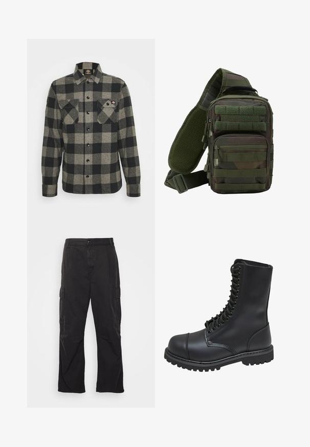 Sort og gråternet flannel skjorte med lange ærmer, knaplukning foran, to brystlommer og en let bøjet kant. Struktureret stof.; Sorte cargo bukser med lige ben, der har to sidelommer, knaplukning og en struktureret stof.; Sort læder kampstøvle med høj skaft, snørebånd foran, polstret krave og en robust tekstureret sål for godt greb. Har forstærket tåhætte.; Grøn camouflage sling rygsæk med flere lynlåslommer, en justerbar rem og et netpanel på ryggen for ventilation.