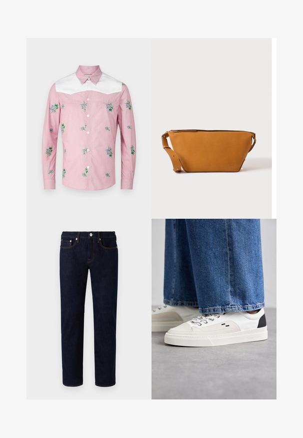 Langsleeve shirt in roze en wit. Heeft bloemendecoraties en een witte yoke. Gemaakt van lichtgewicht stof met een knoopsluiting aan de voorkant.; Donkerblauwe denim jeans met een recht model, voorzien van oranje stiksels, vijf zakken en een knoopsluiting aan de voorkant.; Witte en zwarte sneakers met een glad leren bovenwerk, textuuraccenten en een chunky witte zool. Heeft een klassiek vetersluiting ontwerp.; Lichtbruine leren crossbodytas met verstelbare band en ritssluiting, getoond tegen een effen lichte achtergrond.